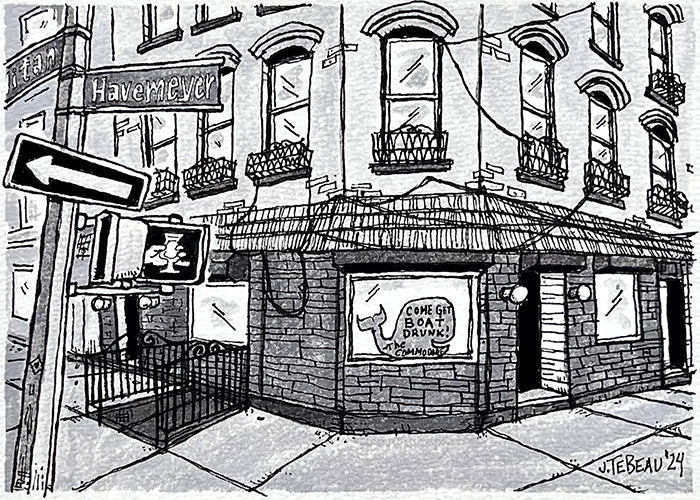 A signed art print of The Commodore bar in Williamsburg, Brooklyn, featuring a black and white illustration of the building's exterior.