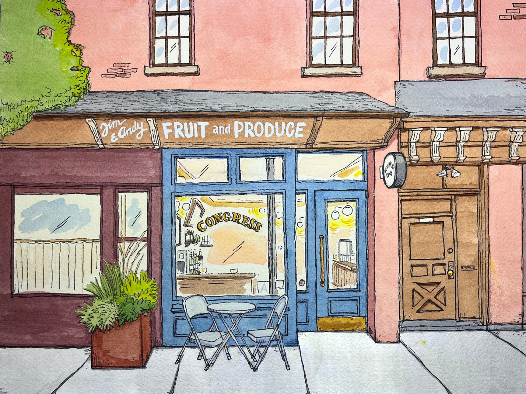 Signed art print featuring a colorful illustration of Congress bar and an adjacent fruit and produce store in Cobble Hill, Brooklyn. Ink illustration of Congress Bar at 208 Court Street in Cobble Hill Brooklyn, featuring the bar’s facade, produce‑market signage, sidewalk seating, by John Tebeau
