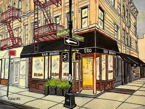 Bar Bruno of Greenpoint Brooklyn, New York: signed prints by John Tebeau. (ships free in the US)