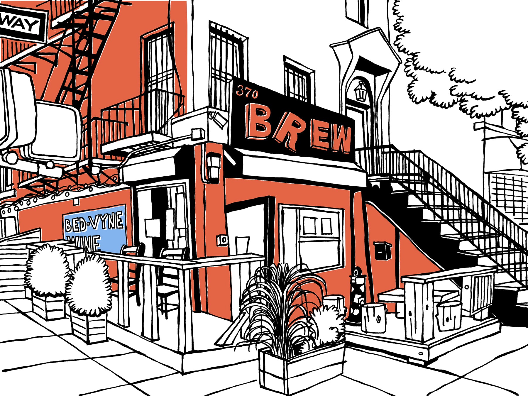 Bed-Vyne Brew bar art print by John Tebeau showing colorful Brooklyn bar in Bedford-Stuyvesant with outdoor deck and neighborhood charm