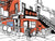 Bed-Vyne Brew bar art print by John Tebeau showing colorful Brooklyn bar in Bedford-Stuyvesant with outdoor deck and neighborhood charm