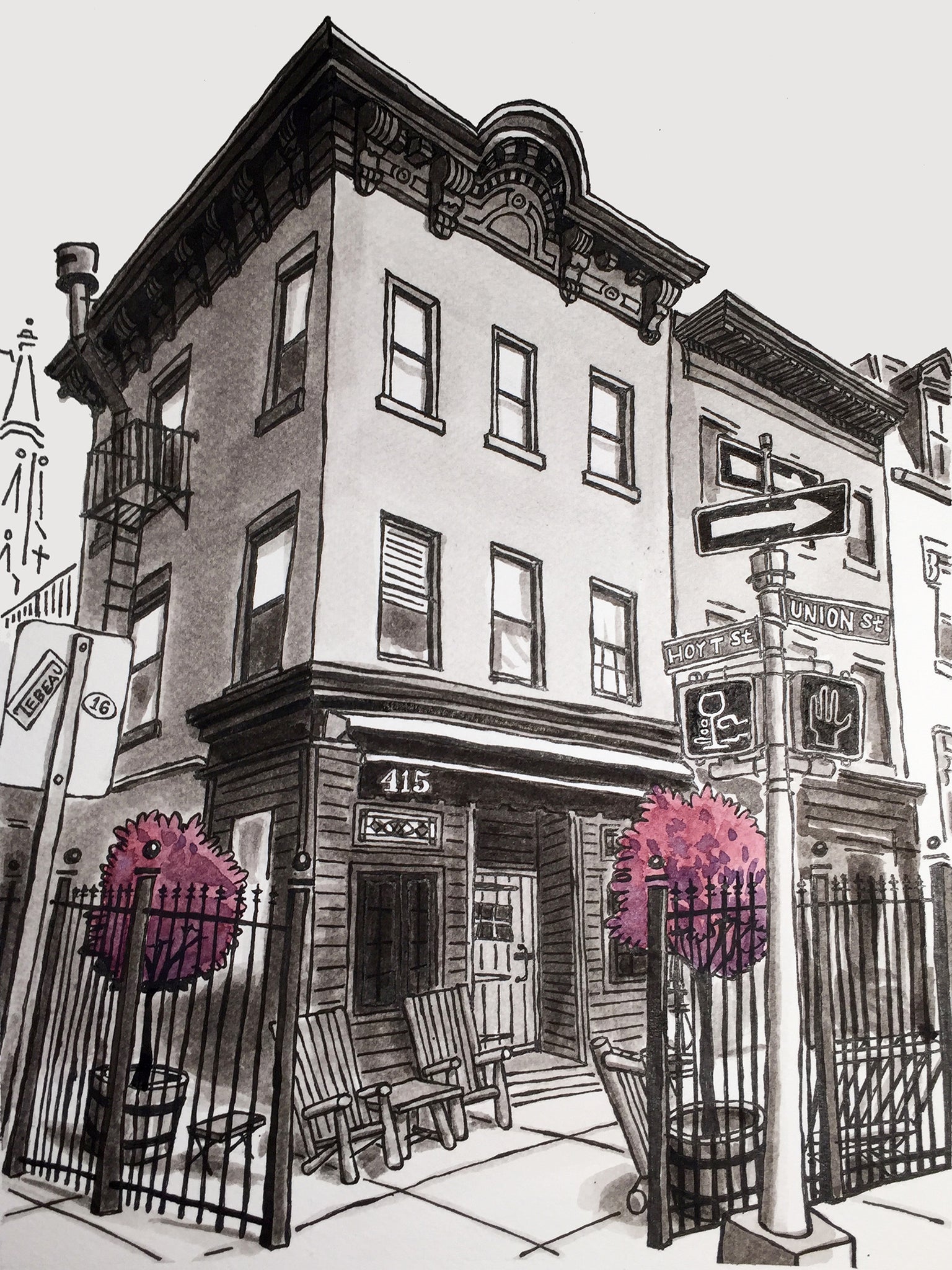 Illustration of Black Mountain Wine House in Carroll Gardens Brooklyn by artist John Tebeau – rustic NYC wine bar art print