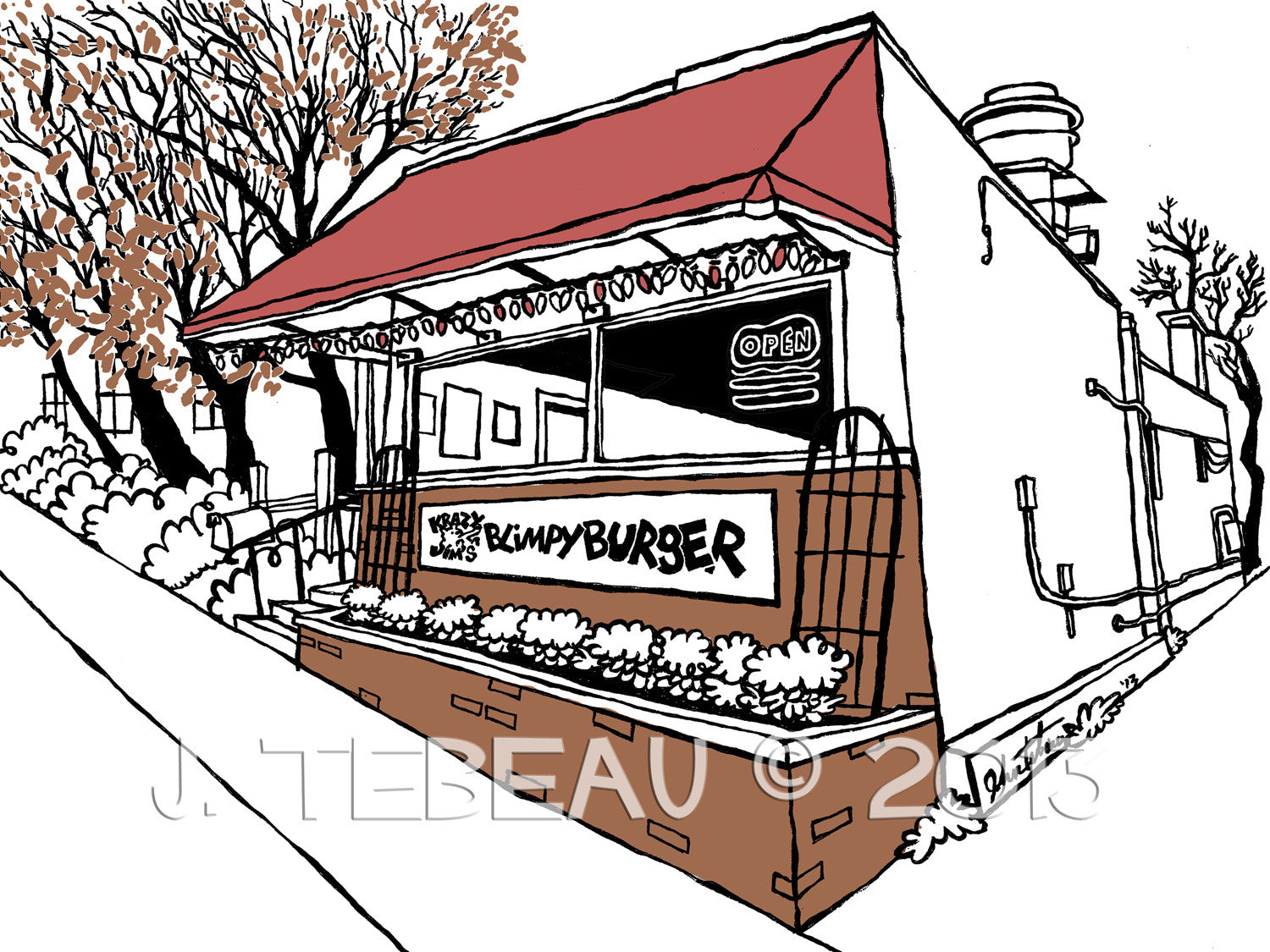 Illustrated art print of Krazy Jim’s Blimpy Burger in Ann Arbor, featuring the original location with red awning, bare trees, and “OPEN” neon sign, created by artist John Tebeau