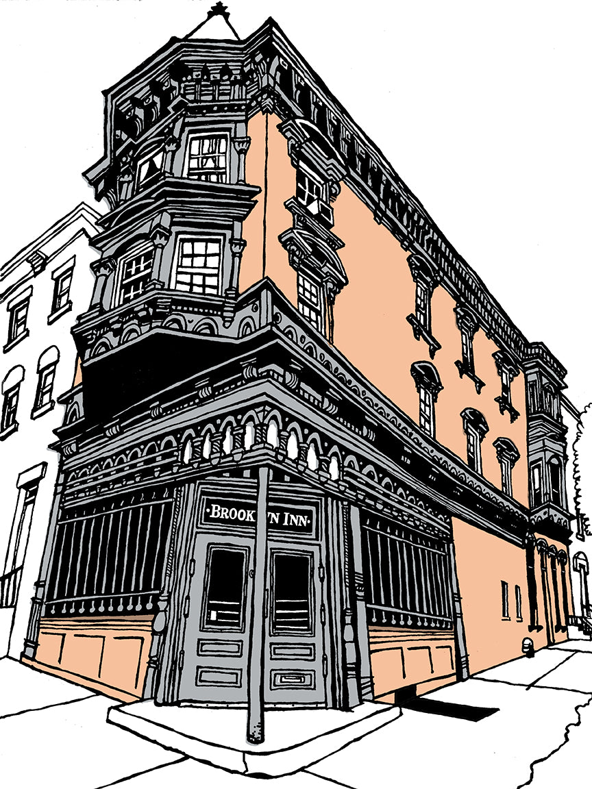 Signed print of the Brooklyn Inn, featuring an illustration of the exterior of the bar in a black and white style with orange highlights. Illustration of Brooklyn Inn, a historic 1885 Boerum Hill bar, featuring high ceilings, carved wood backbar, pool table, jukebox, by John Tebeau