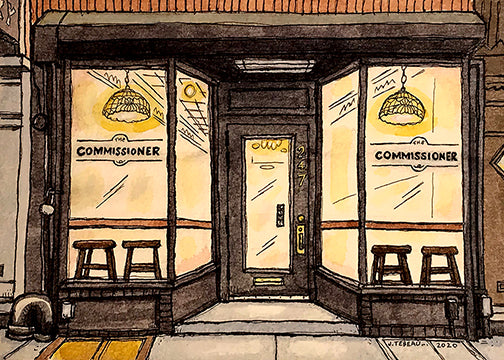 Print of ink and watercolor illustration of The Commissioner bar at 247 5th Avenue, Park Slope New York, showing bar facade, TVs, taps, and cozy ambiance by John Tebeau