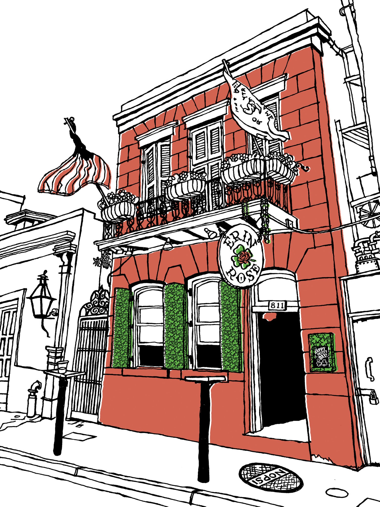 Erin Rose bar art print by John Tebeau featuring red brick building in New Orleans French Quarter with green shutters and balcony