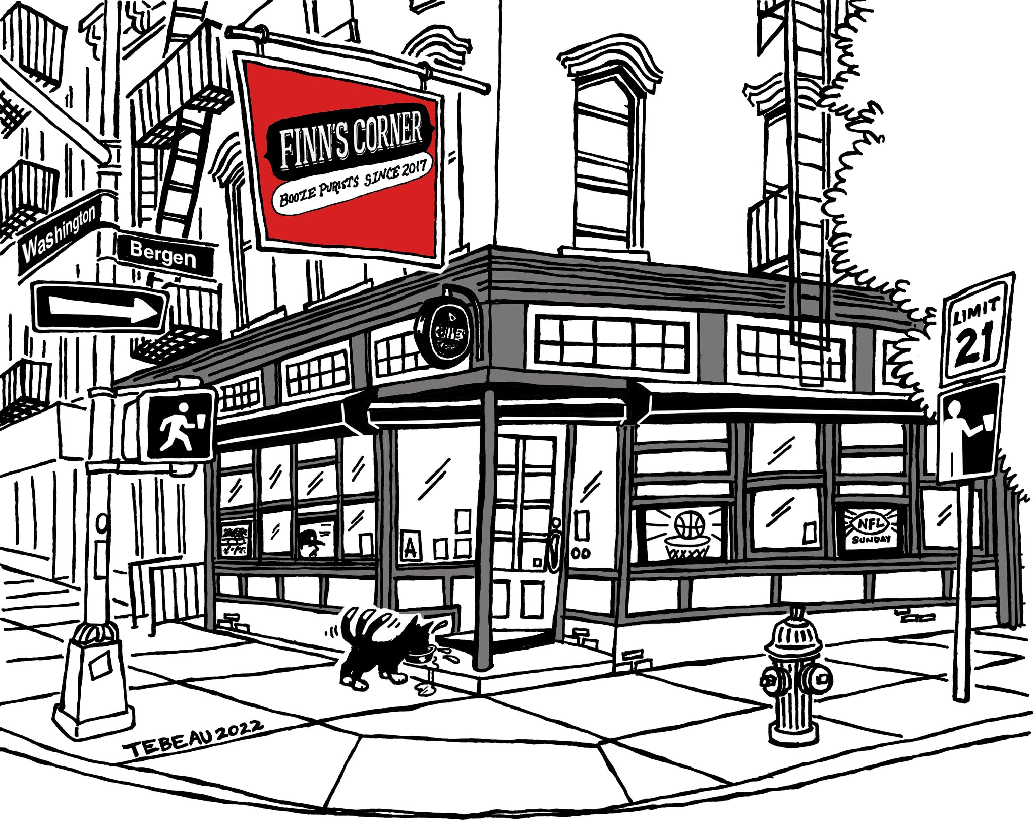 Signed print of a black and white illustration of Finn's Corner bar in Prospect Heights, Brooklyn. New York restaurant art by John