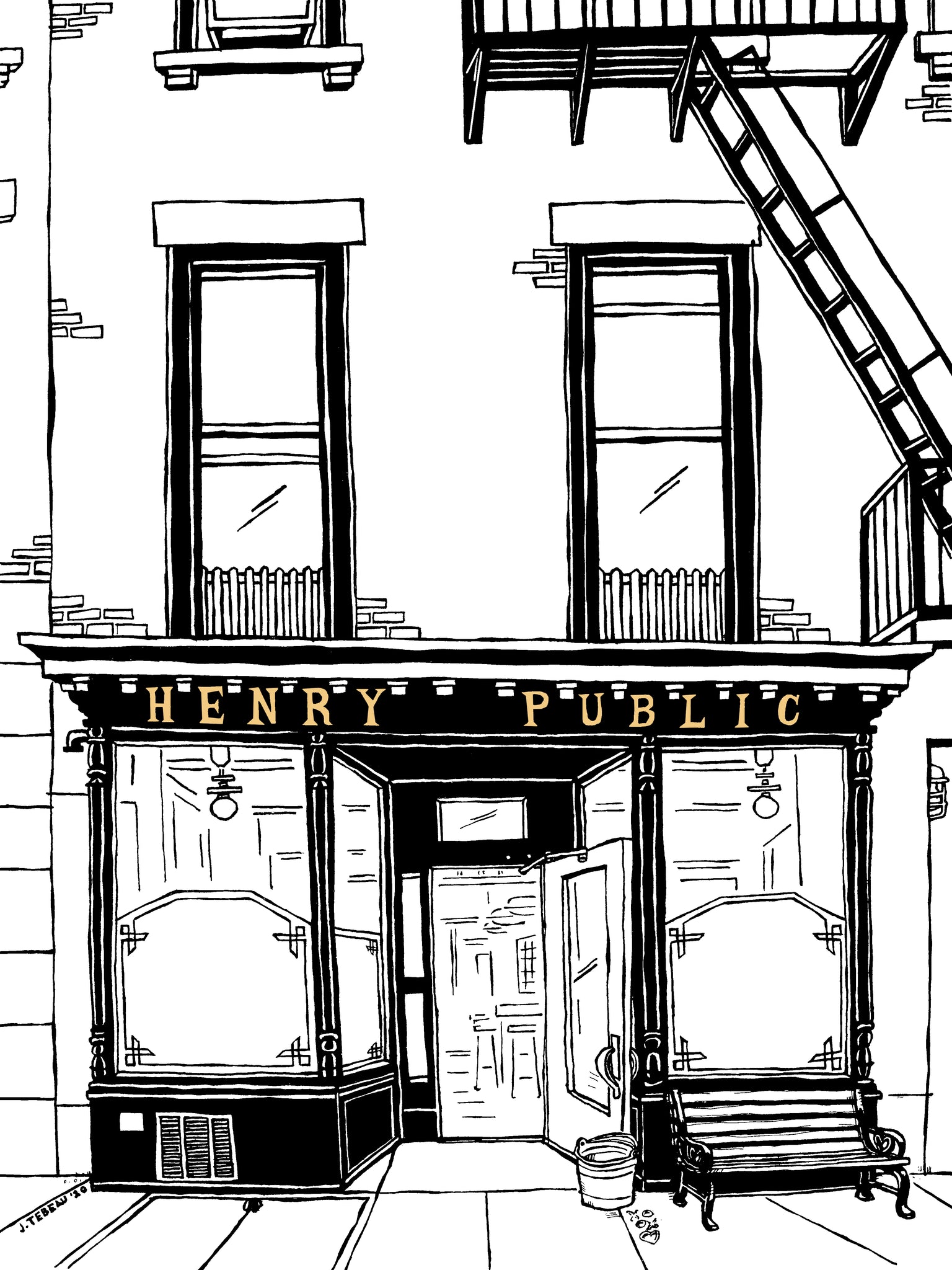 A stylized black and white illustration of a Brooklyn NY storefront for Henry Public, featuring a FIRE ESCAPE with a ladder, a wide window, and a sign that reads 'HENRY PUBLIC'. The building has a classic, old-world design.