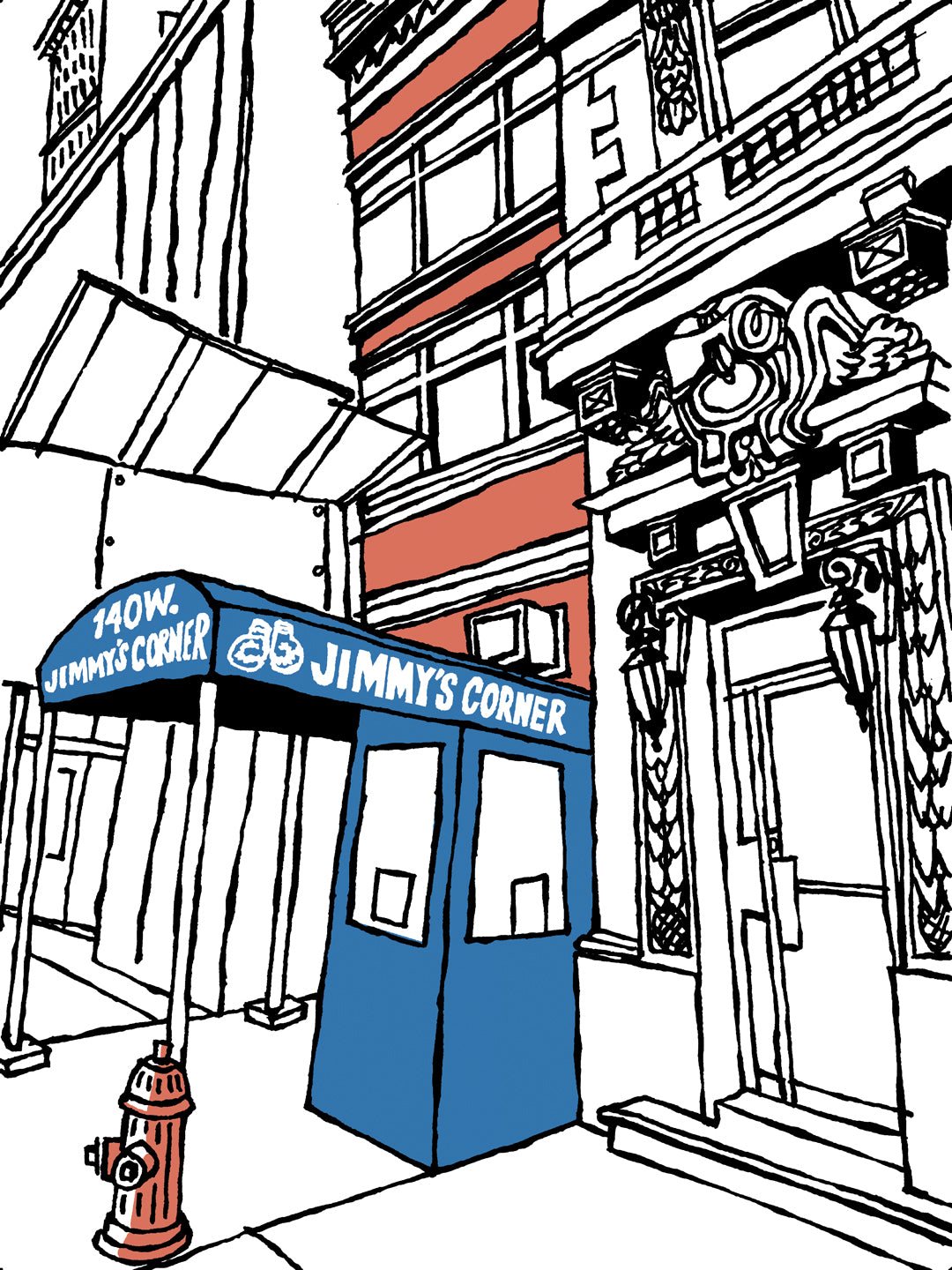 Illustrated art print of Jimmy’s Corner bar in Times Square, Manhattan, featuring the bar’s iconic blue awning and detailed building facade by artist John Tebeau