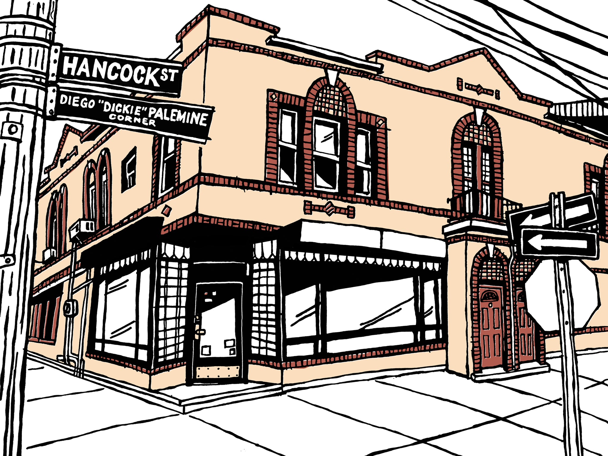 Illustration of Lee’s Tavern in Staten Island, classic NYC bar and pizzeria known for its pizza, limited edition signed giclée art print by john tebeau