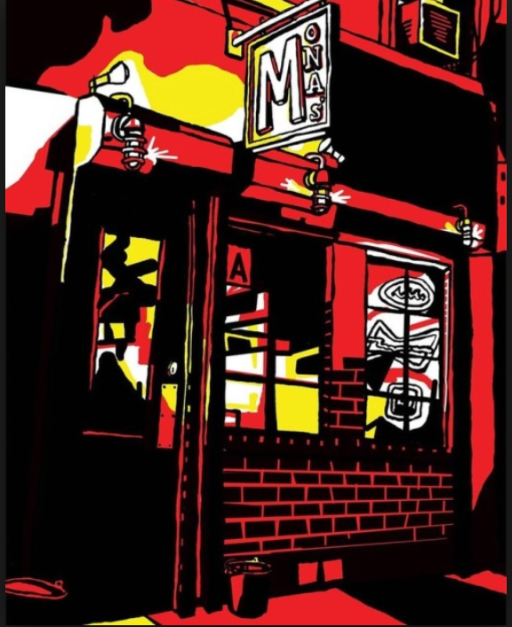 A vibrant, colored drawing of Mona's Bar in the East Village, Manhattan, featuring a red awning, black and red brick facade, and a neon sign.