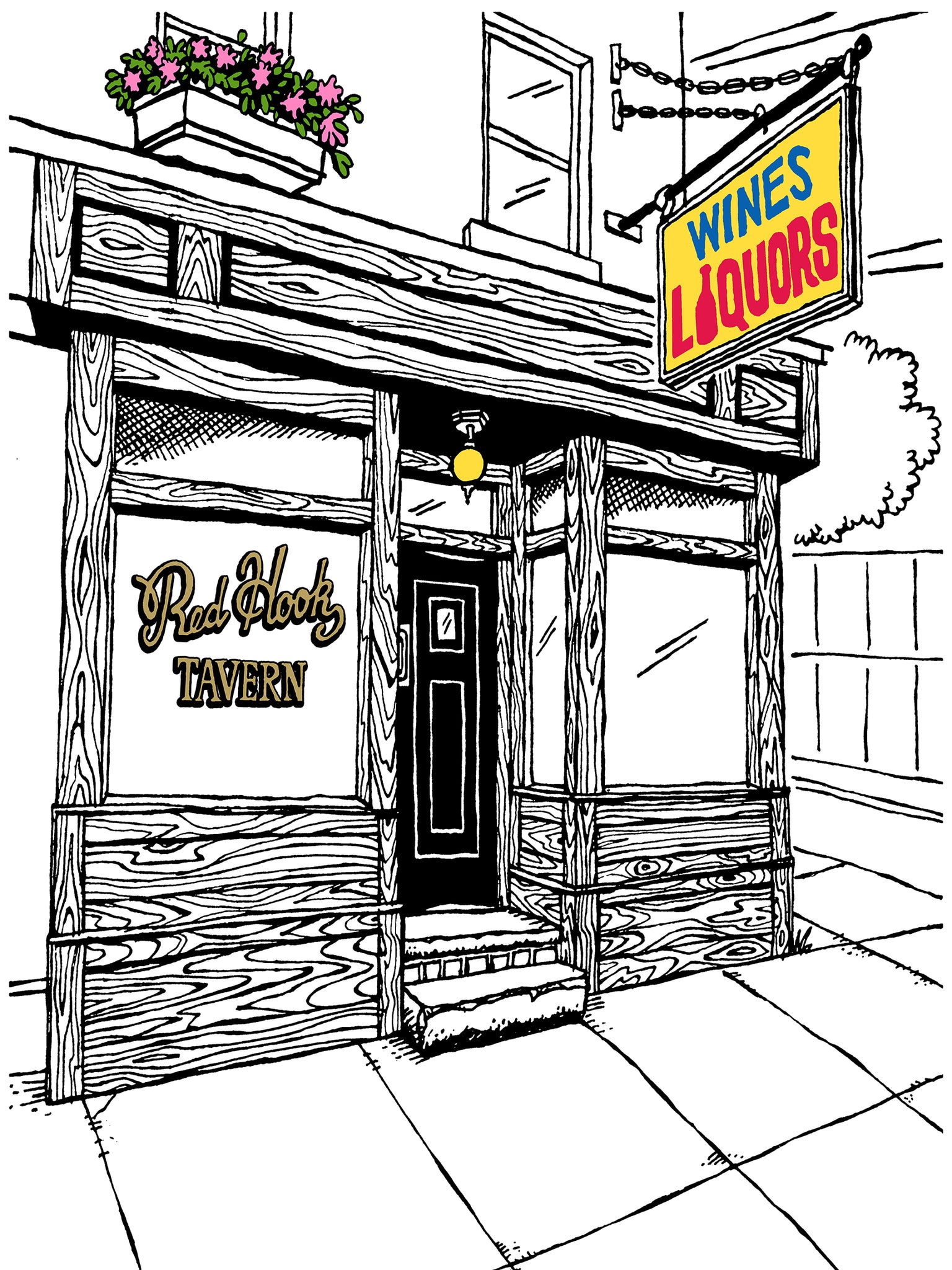 An illustration of a corner bar with a sign reading 'WINES LIQUOR' on the awning, called 'Red Hook Tavern' in Brooklyn