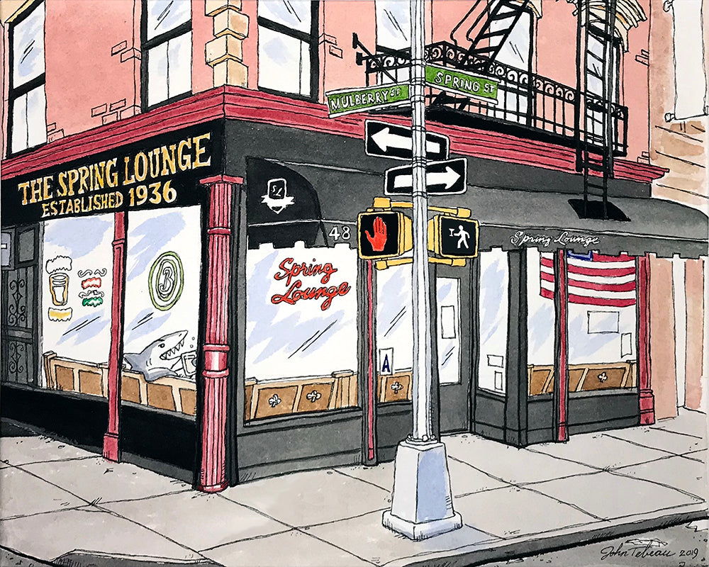 Illustrated digital print of The Spring Lounge bar at Spring and Mulberry in Manhattan by John Tebeau, featuring horseshoe bar, sidewalk windows, taxidermied sharks, and people-watching scene