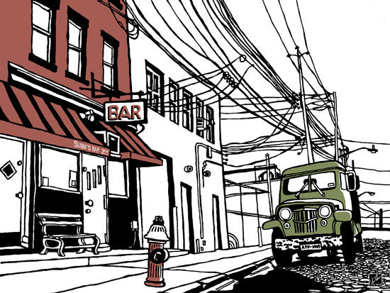 Illustrated silkscreen art print of Sunny’s Bar in Red Hook, Brooklyn by John Tebeau, featuring the bar’s facade, cobblestone street, old truck, electrical wires, red and green accent colors