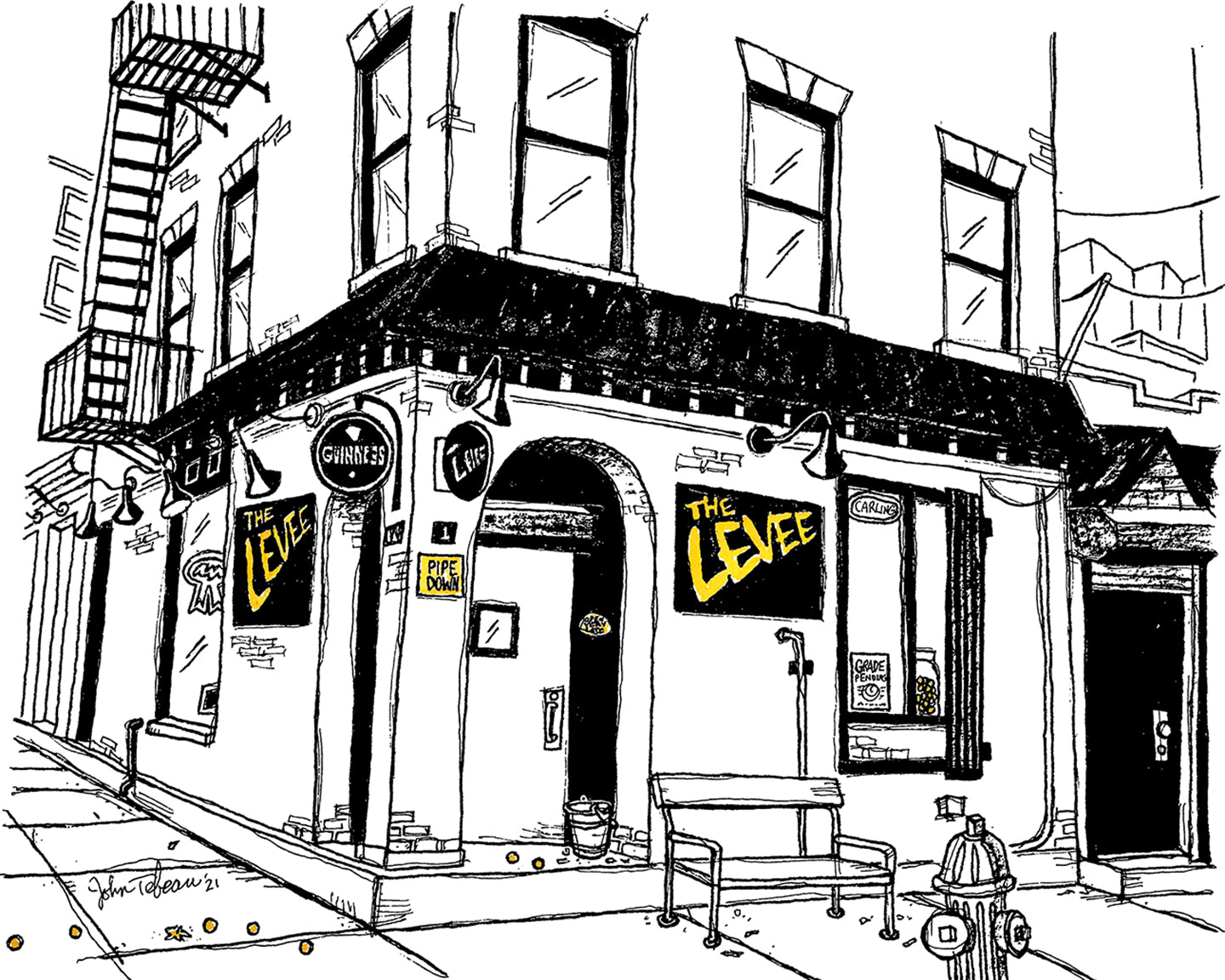 Signed art print illustration of The Levee dive bar in Williamsburg, Brooklyn – iconic beer, cheese-ball nights, and casual late‑night vibe