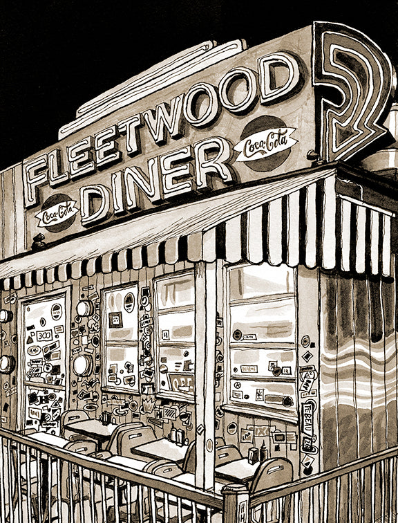 Black and white inkwash illustration of Fleetwood Diner in Ann Arbor Michigan with vintage signage and outdoor seating area covered in stickers