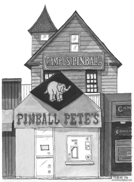 Illustration of vintage Pinball Pete’s arcade on South University in Ann Arbor by John Tebeau