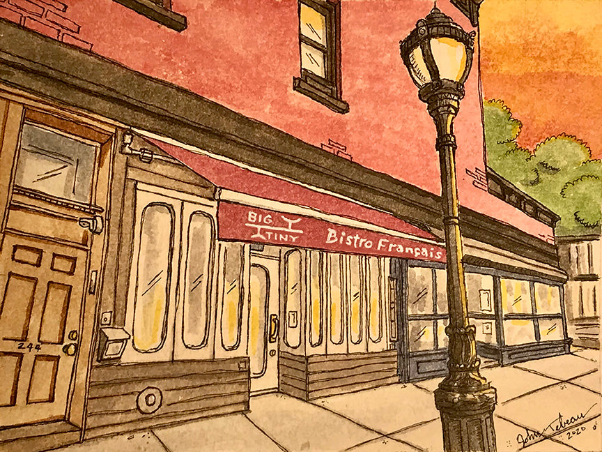 Illustration of Big Tiny bistro wine bar in Brooklyn, NY – French bistro art by John Tebeau
