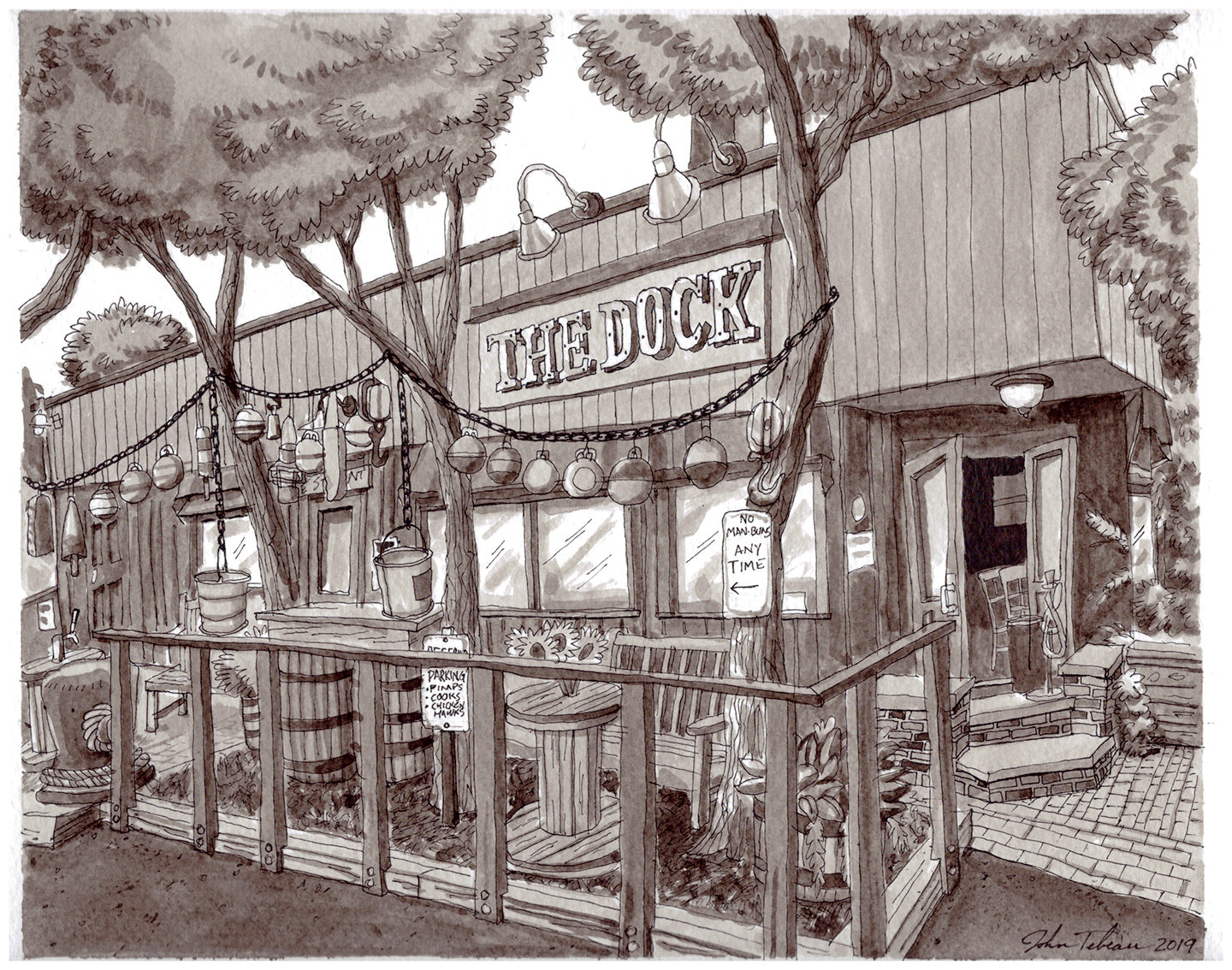 Black and white inkwash illustration of The Dock bar in Montauk New York with lobster buoys, outdoor seating, and rustic wooden exterior